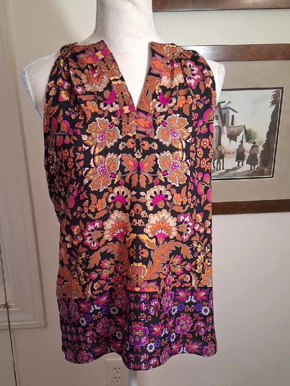 mercer & madison Black Floral Halter-Style Top with Pink & Orange Accents